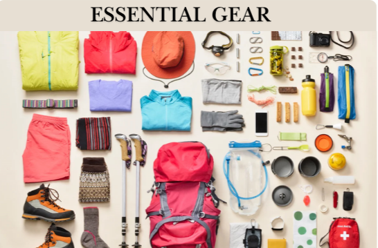 Trekking essentials arranged for a Himalayan mountain journey.