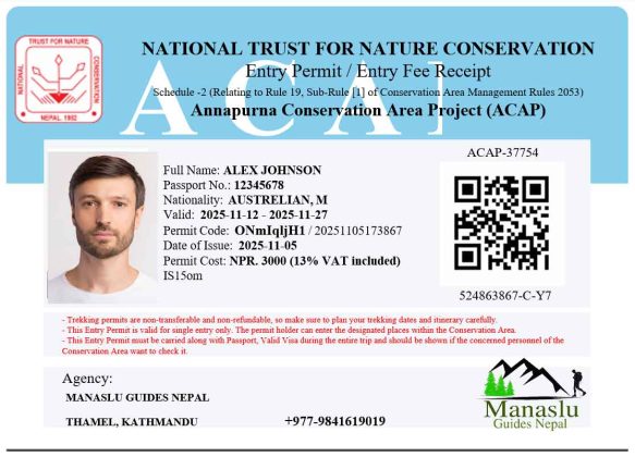 Annapurna Conservation Area Permit ACAP entry permit issued by NTNC Nepal