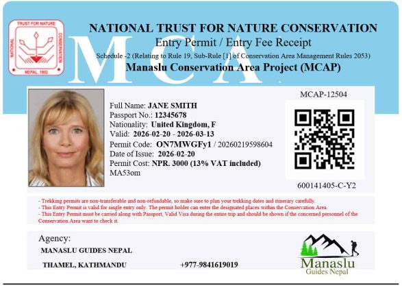 Manaslu trek Permits of Manaslu Conservation Area Permit MCAP entry fee receipt issued by National Trust for Nature Conservation