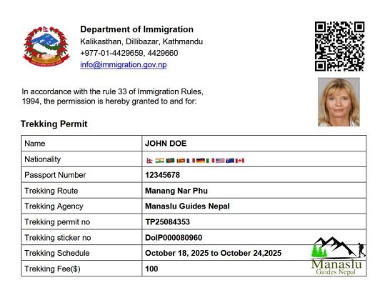 Nar Phu Valley Restricted Area Permit sample for Annapurna region Nepal