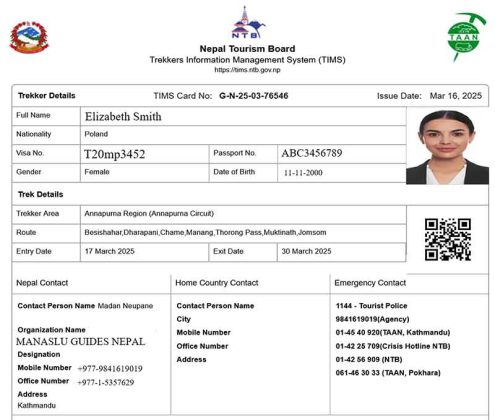 TIMS Card sample for trekking in Nepal issued by TAAN