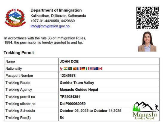 Tsum Valley Restricted Area Permit sample issued by Nepal Immigration for trekking in restricted area
