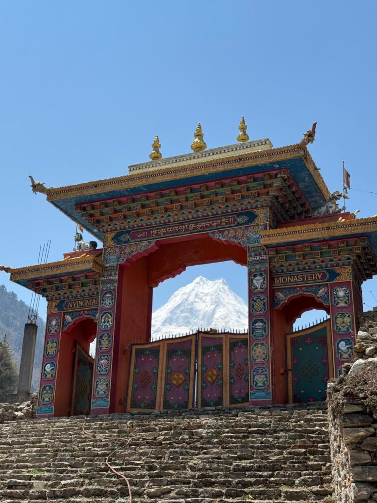 Nyingmapa monastery gate in Lho village on the Manaslu Circuit Trek.
